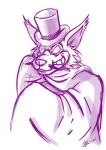  2021 anthro canid canine canis cape clothing evil_grin eyewear facial_hair fur grin hat headgear headwear hi_res looking_at_viewer male mammal monochrome monocle moriarty_(sherlock_hound) mustache rinatiger-art sherlock_hound_(series) sketch smile solo suit top_hat wolf 