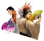  2boys chain_print commentary_request disco facial_hair hand_fan jacket japanese_clothes kiryuu_kazuma male_focus medium_hair multiple_boys orange_shirt otamot profile ryuu_ga_gotoku ryuu_ga_gotoku_0 ryuu_ga_gotoku_isshin sakamoto_ryoma_(isshin) samurai shirt sideburns smile trait_connection upper_body white_jacket yakuza 