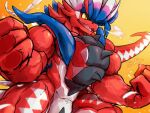  absurd_res anthro big_muscles featureless_crotch flexing gradient_background hi_res huge_muscles hyper hyper_muscles koraidon legendary_pok&eacute;mon male muscular muscular_anthro muscular_male nintendo nude open_mouth orange_eyes pok&eacute;mon pok&eacute;mon_(species) simple_background solo steam video_games waddledox yellow_sclera 