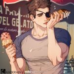  1boy anderain artist_name bara black_hair blue_shirt brown_eyes eyepatch food food_on_clothes grey_shirt holding holding_food ice_cream ice_cream_cone large_pectorals licking licking_hand male_focus muscular muscular_male ombra_(anderain) one_eye_closed original pectorals shirt short_hair sideburns solo tongue tongue_out two-tone_shirt upper_body weibo_username 
