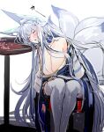  1girl absurdres animal_ears azur_lane breasts cleavage closed_eyes drooling hair_ornament hey_taisyou highres kitsune large_breasts long_hair multiple_tails shinano_(azur_lane) sleeping solo table tail thighhighs very_long_hair white_background white_hair 