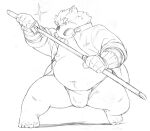  2017 anthro asian_clothing belly big_belly blush bulge canid canine canis clothing domestic_dog east_asian_clothing fundoshi japanese_clothing kemono lifewonders magumataishi male mammal moobs moritaka navel nipples overweight overweight_male scar solo tokyo_afterschool_summoners underwear video_games weapon 