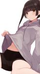  1girl bangs bike_shorts blunt_bangs blush brown_eyes brown_hair closed_mouth eyebrows_visible_through_hair grey_jacket highres hiroki_(yyqw7151) jacket jacket_lift lifted_by_self long_sleeves looking_at_viewer original simple_background solo thighs white_background 