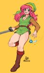  1girl absurdres belt blue_eyes blush boots breasts cleavage gabriel_ales genderswap genderswap_(mtf) green_headwear green_tunic hat highres link link_(shounen_captain) long_hair looking_at_viewer navi pink_hair pointy_ears smile sword the_legend_of_zelda thighs weapon 