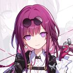  1girl bangs butterfly_brooch closed_mouth collared_shirt commentary earrings eyewear_on_head gloves holding holding_lighter honkai:_star_rail honkai_(series) jewelry kafka_(honkai:_star_rail) lighter long_hair long_sleeves looking_at_viewer pince-nez pink_gloves pink_hair portrait purple_eyes quan_(kurisu_tina) shirt single_earring smile solo string sunglasses white_shirt zoom_layer 