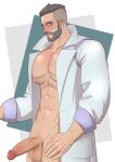  1boy abs absurdres bara bare_pectorals beard blush closed_mouth erection facial_hair getonjbart highres labcoat large_pectorals looking_at_viewer male_focus muscular muscular_male naked_labcoat navel nipples nude open_clothes open_labcoat pectorals penis pokemon pokemon_(game) pokemon_sv short_hair simple_background solo turo_(pokemon) undercut 