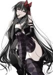  1girl akemi_homura akuma_homura argyle argyle_legwear bare_shoulders black_collar black_dress black_footwear black_gloves black_hair bow breasts collar dress elbow_gloves eyebrows_visible_through_hair finger_to_mouth gloves hair_bow highres leg_up licking_lips long_hair looking_at_viewer mahou_shoujo_madoka_magica mahou_shoujo_madoka_magica_movie medium_breasts misteor pink_eyes red_bow shoes smile soles solo thighs tongue tongue_out very_long_hair 