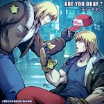  2boys blonde_hair blue_eyes bomber_jacket english_commentary facial_hair fingerless_gloves gloves hat holding holding_clothes holding_hat jacket ken_masters look-alike looking_at_another male_focus meme multiple_boys rain richard_suwono short_hair street_fighter street_fighter_6 stubble terry_bogard the_king_of_fighters the_king_of_fighters_xv trait_connection 