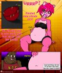  2017 anthro belly big_belly bodily_fluids bottomwear bowl clothing comic container domestic_pig duo english_text female hair hand_on_stomach hi_res male mammal mr._pig_(viroveteruscy) navel obese obese_male overweight overweight_male raspberry_(viroveteruscy) red_eyes sound_effects stuffing suid suina sus_(pig) sweat sweatdrop text topwear ursid viroveteruscy warning_cream_filled 