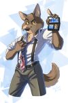  2022 absurd_res agent anthro badge belt blacksad bottomwear canid canine canis clothing coyote detective digital_media_(artwork) fbi gradient_background hi_res identification leo-artis male mammal necktie pants shirt simple_background smile solo topwear triangle_(shape) video_games white_clothing white_shirt white_topwear 