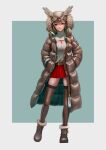  1girl absurdres ahoge alternate_costume bangs belt belt_boots belt_buckle boots braid braided_bangs breasts brown_coat brown_eyes brown_footwear brown_hair brown_legwear buckle cleavage cleavage_cutout closed_mouth clothing_cutout coat commission contrapposto crossed_bangs drop_shadow ear_piercing english_text eyebrows_visible_through_hair eyeshadow feather_hair_ornament feathers full_body fur-trimmed_coat fur_trim gold hair_ornament hands_in_pockets highres hololive hololive_english hood hood_up hooded_coat large_breasts lips long_bangs long_coat long_hair long_sleeves looking_at_viewer makeup meme_attire miniskirt multicolored_hair myo-zin nanashi_mumei nose open-chest_sweater owl_hat piercing pleated_skirt product_placement realistic red_skirt ribbed_sweater runes shiny shiny_clothes simple_background skirt smile straight-on streaked_hair sweater sweater_tucked_in thighhighs turtleneck turtleneck_sweater two-tone_coat virtual_youtuber white_sweater winter_clothes winter_coat zettai_ryouiki 