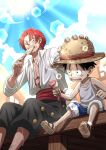  2boys black_hair child eating facial_hair food hand_on_another&#039;s_head hand_on_headwear hat hot ice_cream male_child male_focus monkey_d._luffy multiple_boys musasabiop one_piece outdoors red_hair sandals shanks shorts sleeveless straw_hat sweat 