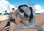  1boy 2girls :&gt;= beach black_gloves blue_archive blush censored cum day demon_tail ejaculation erection eyewear_on_head gloves grey_hair hair_over_one_eye halo hetero hina_(blue_archive) iori_(blue_archive) jornyhail long_hair looking_at_viewer male_pubic_hair mosaic_censoring multiple_girls nose_blush ocean outdoors penis pointy_ears pov pubic_hair red_eyes sensei_(blue_archive) solo_focus stray_pubic_hair sunglasses swimsuit_around_one_leg tail tail_wagging twintails white_hair 