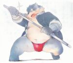  2017 anthro asian_clothing belly big_belly canid canine canis clothing domestic_dog east_asian_clothing fundoshi japanese_clothing kemono lifewonders magumataishi male mammal moobs moritaka nipples overweight overweight_male red_clothing red_fundoshi red_underwear solo tokyo_afterschool_summoners underwear video_games weapon 