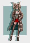  1girl absurdres ahoge alternate_costume bangs belt belt_boots belt_buckle boots braid braided_bangs breasts brown_coat brown_eyes brown_footwear brown_hair brown_legwear buckle cleavage cleavage_cutout closed_mouth clothing_cutout coat commission contrapposto crossed_bangs drop_shadow ear_piercing english_text eyebrows_visible_through_hair eyeshadow feather_hair_ornament feathers full_body fur-trimmed_coat fur_trim gold hair_ornament hands_in_pockets highres hololive hololive_english hood hood_up hooded_coat large_breasts lips long_bangs long_coat long_hair long_sleeves looking_at_viewer makeup meme_attire miniskirt multicolored_hair myo-zin nanashi_mumei nose open-chest_sweater owl_hat piercing pleated_skirt product_placement realistic red_skirt ribbed_sweater runes shiny shiny_clothes simple_background skirt smile straight-on streaked_hair sunglasses sweater sweater_tucked_in thighhighs turtleneck turtleneck_sweater two-tone_coat virtual_youtuber white_sweater winter_clothes winter_coat zettai_ryouiki 