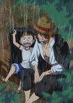  2boys :d black_hair child coat coat_on_head coat_on_shoulders from_above grin hat male_focus monkey_d._luffy multiple_boys musasabiop one_piece outdoors plant rain red_hair sandals shanks sitting sleeves_rolled_up smile straw_hat 