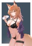  1girl absurdres alternate_costume animal_ears arknights bangs bare_shoulders bikini black_background black_bikini blush border bottle breasts brown_eyes brown_hair cleavage collarbone contrapposto cowboy_shot eyebrows_visible_through_hair fox_ears fox_girl fox_tail franka_(arknights) highres holding holding_bottle large_breasts long_hair long_sleeves looking_at_viewer navel o-ring o-ring_bikini o-ring_top one_side_up open_clothes open_shirt outside_border parted_lips purple_shirt revision shirt simple_background smile solo stomach swimsuit tail thigh_strap thighs white_border xianggu_wu_yan zipper_pull_tab 