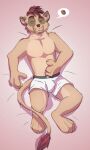  anthro ashentail bed bedding bedding_background bedroom_eyes belly_rub boxers_(clothing) boxers_only bulge clothed clothing coga_(ashentail) dakimakura_design felid fur furniture green_eyes hair hi_res inviting lion looking_at_viewer male mammal narrowed_eyes pantherine paws red_hair seductive solo solo_focus tan_body tan_fur topless topless_male underwear underwear_only 