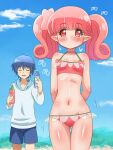  1boy 1girl awa blue_hair blush character_request cloud drink heart heart-shaped_eyes long_hair navel open_mouth pink_eyes pink_hair pointy_ears shorts smile swimsuit twintails 