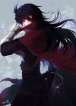  1boy black_hair clawed_gauntlets cloak covered_mouth final_fantasy final_fantasy_vii gloves gun headband highres keychain long_hair looking_ahead messy_hair red_eyes s_hitorigoto3 torn_clothes vincent_valentine weapon 