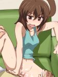  1boy 1girl ahoge andou_natsuki bangs blue_shirt blush breasts brown_eyes brown_hair collarbone couch cum eyes_visible_through_hair hair_between_eyes hand_up kitakubu_katsudou_kiroku leg_grab looking_down medium_hair navel on_couch open_mouth organ_rn panties panty_pull shirt sitting spread_legs sweat tears underwear v-shaped_eyebrows white_panties 