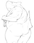  2013 anthro belly big_belly butt fish humanoid_hands kemono magumataishi male marine overweight overweight_male shark simple_background solo 
