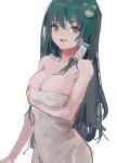  1girl breasts cleavage frog_hair_ornament green_eyes green_hair hair_ornament hair_tubes kochiya_sanae large_breasts long_hair naked_towel reddizen simple_background single_sidelock solo touhou towel white_background 