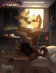  absurd_res anthro bed bodily_fluids canid canine canis cervid chip_hearth_(doeboi) cinnamon_bun doeboi domestic_dog duo food furniture hi_res justin_althaea_(doeboi) kissing male male/male mammal music_box romantic romantic_couple tears 