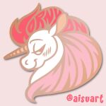  2018 aisu_art ambiguous_gender digital_media_(artwork) english_text equid equine hair headshot_portrait horn looking_at_viewer mammal multicolored_hair narrowed_eyes pink_hair portrait red_hair side_view signature solo text two_tone_hair unicorn white_body 