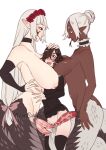  3girls animal_penis black_choker black_legwear black_sweater breasts choker closed_mouth completely_nude dark-skinned_female dark_skin erection extra_penises fff_threesome forked_tongue futa_with_female futanari girl_sandwich group_sex gyarusatan hair_bun hand_on_hip height_difference highres huge_breasts inverted_nipples lamia large_breasts long_hair long_sleeves looking_down monster_girl multiple_girls nipples nude original penis pointy_ears precum pussy red_eyes sandwiched smile snake_penis sweater thighhighs threesome tongue tongue_out white_hair 