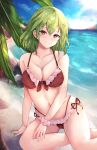  1girl bangs beach bikini blush bow breasts cleavage closed_mouth collarbone eyebrows_visible_through_hair frilled_bikini frills front-tie_top green_hair green_nails highres hill kazami_yuuka landscape large_breasts leaf looking_at_viewer nail_polish navel ocean orchid_(orukido) red_bikini red_bow red_eyes rock scrunchie short_hair side-tie_bikini sitting sky smile solo swimsuit touhou water wrist_scrunchie 