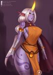  big_breasts blush breasts cape clothed_female clothing colored_nails curvy_figure doomthewolf dress female glowing glowing_horn hair hi_res horn horned_humanoid hourglass_figure humanoid humanoid_pointy_ears league_of_legends long_hair nails open_mouth orange_clothing orange_dress ponytail purple_body purple_nails purple_skin riot_games small_waist solo soraka tattoo thick_thighs tongue video_games white_hair wide_hips 