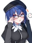  !? :o adjusting_eyewear alternate_costume bangs black-framed_eyewear black_dress black_headwear blue_eyes blue_hair blush breasts caren_hortensia caren_hortensia_(cosplay) ciel_(tsukihime) commentary_request cosplay dress eyebrows_visible_through_hair fate/hollow_ataraxia fate_(series) glasses hair_between_eyes hat large_breasts long_sleeves looking_at_viewer sakura_(tariliko) short_hair simple_background sleeves_past_wrists speech_bubble sweatdrop tsukihime tsukihime_(remake) upper_body white_background 