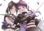  2girls asymmetrical_bangs bangs belt black_hair blue_eyes capelet chain choker grin hachisu_lotus hair_ornament highres holding holding_weapon idolmaster idolmaster_shiny_colors locker mitsumine_yuika multiple_girls petals ponytail purple_eyes purple_hair sheath sheathed smile sword tanaka_mamimi weapon 