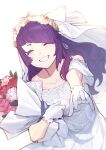  1girl alternate_hairstyle asymmetrical_bangs bangs bare_shoulders blush bouquet bridal_veil closed_eyes dress flower gloves head_wreath highres holding holding_bouquet idolmaster idolmaster_shiny_colors long_hair purple_hair reaching_out smile solo tanaka_mamimi teeth veil wedding_dress zhili_xingzou 