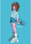  1girl absurdres alternate_costume anna_(aannnaa3) aqua_background aqua_theme blue_footwear blue_hairband blue_hoodie blush boku_no_hero_academia bracelet breast_pocket brown_eyes brown_hair character_name commentary denim denim_shorts drawstring full_body hairband highres holding holding_skateboard hood hood_down hoodie jewelry looking_at_viewer pocket shoes short_hair shorts sidelocks simple_background skateboard sneakers socks solo standing striped uraraka_ochako vertical_stripes white_legwear 