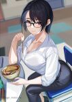  1girl absurdres bangs black_hair black_pants blurry blurry_background blush bowl breasts chair chopsticks closed_mouth collarbone collared_shirt food glasses highres holding holding_chopsticks kagematsuri large_breasts looking_at_viewer noodles original pants purple_eyes revision shirt shirt_tucked_in short_hair sitting smile solo table udon white_shirt 