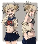 1girl ass bangs blonde_hair blue_skirt blunt_bangs blush boku_no_hero_academia bow bow_bra bra centinel303 commentary double_bun english_commentary fangs grey_bra grey_panties hand_on_hip long_sleeves looking_at_viewer messy_hair multiple_views naughty_face navel neckerchief open_mouth panties red_neckerchief sailor_collar school_uniform serafuku sidelocks simple_background skirt smile sweater toga_himiko tongue tongue_out underwear undressing yellow_eyes 