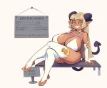  absurd_res big_breasts blonde_hair breasts clothing crossed_legs demon demon_humanoid female hair hi_res huge_breasts humanoid legwear not_furry sharp_teeth simple_background sitting solo teeth thigh_highs white_background xu53r 