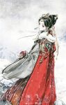  1girl absurdres bad_link black_hair chichi_chichi earrings fur_jacket hair_ornament highres jacket jewelry long_sleeves looking_back mountain painting_(medium) short_hair snow solo tassel tassel_earrings traditional_media upper_body 