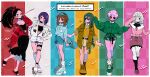  6+girls absurdres alternate_costume ankleband anna_(aannnaa3) argyle argyle_cardigan ashido_mina asui_tsuyu audio_jack bandaid bandaid_on_knee bandaid_on_leg bangs bare_legs barefoot belt black_belt black_eyes black_hair black_legwear black_sclera black_skirt black_tube_top blue_footwear blue_hairband blue_hoodie blue_shorts blunt_bangs blush boku_no_hero_academia bracelet breast_pocket breasts brown_eyes brown_footwear brown_hair brown_jacket buttons cardigan character_name checkered_background checkered_clothes checkered_skirt cleavage closed_mouth collared_shirt colored_sclera colored_skin commentary copyright_name denim denim_shorts drawstring earrings english_commentary fashion fishnet_legwear fishnets frilled_skirt frills full_body green_cardigan green_footwear green_hair green_shorts grey_footwear hagakure_tooru hair_between_eyes hair_ornament hair_rings hairband hands_on_hips hands_up highres holding holding_skateboard hood hood_down hoodie hoop_earrings horns jacket jewelry jirou_kyouka kneehighs long_hair long_skirt long_sleeves looking_at_viewer looking_to_the_side low-tied_long_hair medium_hair midriff multiple_girls off-shoulder_shirt off_shoulder one_eye_covered open_clothes open_jacket open_mouth orange_nails orange_shirt orange_skirt partially_unbuttoned partially_unzipped pink_hair pink_shirt pink_skin pink_skirt pocket ponytail purple_hair purple_nails red_cardigan red_footwear red_nails sandals shirt shirt_tucked_in shoes short_hair shorts sidelocks skateboard skirt sleeve_cuffs sleeves_past_fingers sleeves_past_wrists smile sneakers socks split_mouth standing strapless striped striped_shirt thigh_belt thigh_strap toes tube_top twitter_username uraraka_ochako vertical-striped_shirt vertical_stripes white_hair white_jacket white_legwear white_skin yaoyorozu_momo yellow_eyes yellow_horns 