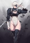  1girl abs absurdres blindfold breasts cleavage_cutout clothing_cutout elbow_sleeve hair_ornament highres katana large_breasts leotard muscular muscular_female nier_(series) nier_automata over_shoulder puffy_sleeves solo speedl00ver sword thighhighs weapon weapon_over_shoulder wide_hips yorha_no._2_type_b 
