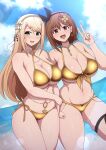  atelier_(series) atelier_ryza blonde_hair blue_sky braid breasts brown_eyes brown_hair brown_hairband cleavage cloud dutch_angle gold_bikini hairband highres jewelry key_necklace klaudia_valentz large_breasts long_hair necklace ocean ponponmaru reisalin_stout sky star_(symbol) star_necklace swimsuit thick_thighs thigh_strap thighs 