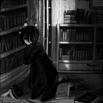  1girl book bookshelf closed_mouth coat gloves greyscale hand_up highres indoors kneeling long_sleeves looking_at_viewer monochrome narue original parted_lips seeing_stars shoes solo 
