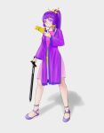  1girl anklet bow breasts chinese_clothes closed_mouth curious dudou flats full_body hair_ornament hair_tie high_ponytail holding holding_paper holding_sword holding_weapon jewelry kanzashi legs_apart looking_at_viewer medium_breasts medium_hair medium_skirt original paper pink_skirt purple_eyes purple_footwear purple_hair purple_robe quyen_trinh_5 shadow sidelocks sideways_glance simple_background skirt solo standing sword talisman tassel vietnamese_clothes weapon white_background yellow_bow yellow_headwear 