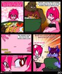  2017 anthro belly bowl breasts canid canine canis clothing comic container domestic_pig eating english_text female food group hands_on_belly hi_res male mammal mr._pig_(viroveteruscy) multicolored_body navel plum_(viroveteruscy) raspberry_(viroveteruscy) red_eyes sound_effects suid suina sus_(pig) text topwear trio two_tone_body ursid viroveteruscy warning_cream_filled wolf 