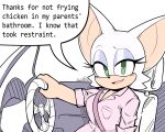 1girl animal_ears artist_name bat_ears bat_girl breasts english_commentary english_text furry furry_female green_eyes highres limehazard looking_at_viewer medium_breasts meme pink_shirt rouge_the_bat shirt sitting smile solo sonic_(series) steering_wheel thanks_for_not_saying_based_(meme) 