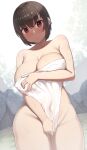  1girl :/ bangs blurry blurry_background blush breasts brown_hair cleavage covered_navel covering covering_breasts covering_crotch cowboy_shot crossed_bangs eyebrows_visible_through_hair groin highres large_breasts looking_at_viewer naked_towel original red_eyes samegami short_hair sidelocks solo thighs towel towel_pull wet white_towel 