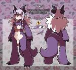  anthro black_claws black_horn braided_hair clawed_fingers claws digital_media_(artwork) english_text fur genitals hair horn humanoid male mammal nude purple_body purple_fur purple_hair shriekingmagpie simple_background solo tail_tuft text toe_claws tuft white_body white_fur yellow_eyes 