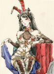  1girl absurdres animal_ears armor black_hair chichi_chichi collar earrings hair_ornament highres holding_cloth jewelry long_hair looking_at_viewer mattress open_mouth original painting_(medium) rabbit_ears red_eyes ribbon sitting solo traditional_media twintails upper_body 